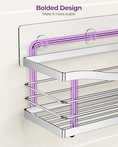 ODesign 3 pack silver adhesive shower caddies with rustproof shelves for bathroom organization, mounted on shower wall.