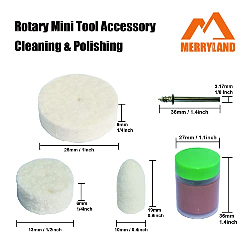 Merryland 145 Pieces Wool Felt Polishing Disc Mixed Felt Disc for Dremel | 120 Polishing Wheels, Polishing Tips, 1 Polishing Paste, 4 3.17mm Mandrels, Polishing Set Mini Rotary Tool Accessories, RMTA145C1 1", 1/2", Bullet Felt Wheel 145pcs