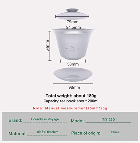 iBasingo 200ML Titanium Gaiwan Kung Fu Teacup with Lid and Saucer Set Lightweight Portable Chinese Traditional Gaiwan Tea Bowl Teacup with Cover Outdoor Camping Tea Set Ti3123D 200ml Gaiwan