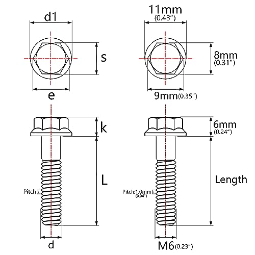 Wanyifa normal titanium Ti flange M6 hex bolt screw, M6x100mm, shown from the side