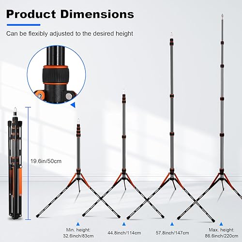 Soopho Portable Photography Light Stand Adjustable 7ft Aluminum Light Tripod Stand with 180° Reversible Leg Reversible Portable Studio Lighting Tripod ，Maximum Height 86.5“/220cm for Flsah Softboxes Gold