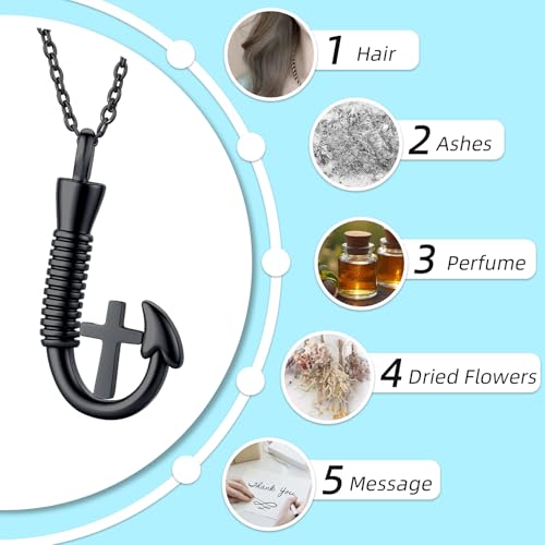 Fish Hook Cross Urn Necklace for Ashes Fishing in Heaven Memorial Cremation Jewelry Keepsake Pendant for Women Men Black