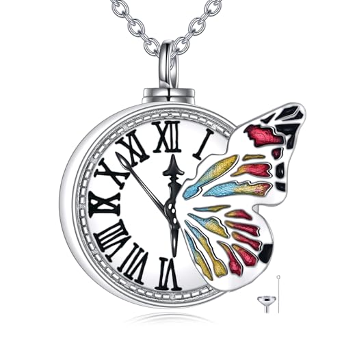 VONALA Butterfly Urn Necklace 925 Sterling Silver Clock Cremation Urn Memorial Pendant Necklace Urn Keepsakes Cremation Jewelry for Ashes