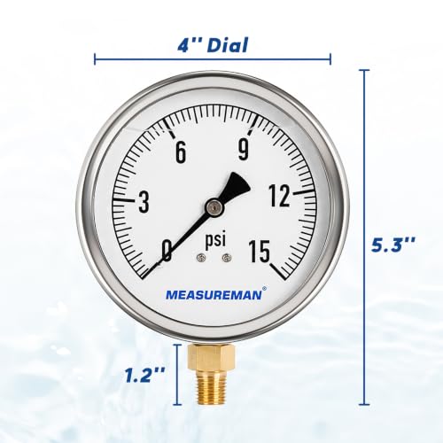 MEASUREMAN 4 Inch Glycerin-Filled Pressure Gauge, 0-15 PSI, 1/4 NPT