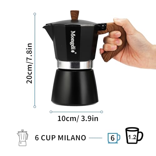 Mongdio Stovetop Espresso Maker Moka Pot, Cuban Coffee Maker Stove top coffee maker Moka Italian Espresso Greca Coffee Maker Brewer Percolator, 6 Espresso Cups, 10 oz - Black 6 cup