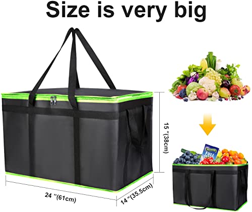 2 Pack XXXL-Large Insulated Grocery Shopping Bags, Green, Reusable Bag,Thermal Zipper,Collapsible,Tote,Cooler,Food Transport hot and Cold,for instacart,Camping,Recycled Material delivery Groceries, XXXL（24W x 15H x 14D） Black-Gr