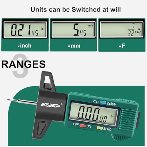GODESON digital tire tread depth gauge with green body and large LCD screen displaying tread measurement