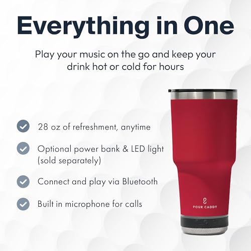 Vibe Tumbler with Bluetooth Speaker, Insulated Stainless Steel Travel Cup with Lid, Hot and Cold Drink Cup, Removable Speaker with Microphone, Portable Music Tumbler, 28 oz, Red