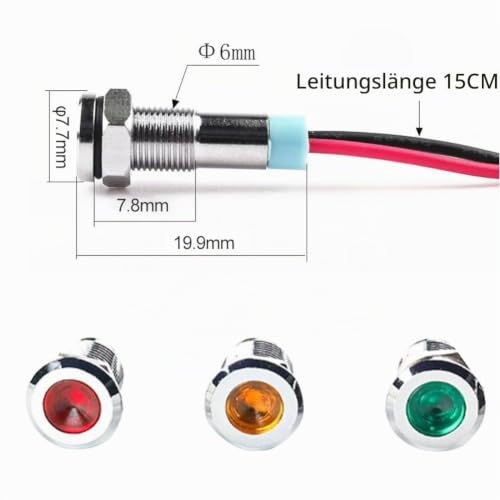 Cerioll LED Metal Indicator Light, LED Metal Indicator Light, 6 mm LED Indicator Light, Pack of 6 Metal Indicator Light with Wire, Waterproof Signal Lamp, 110 V-220 V (Red, Yellow, Green, 2 Pieces of Each