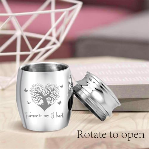 CREATCABIN Small Tree of Life Urn Forever in My Heart Urn Silver Metal Alloy Human Pet Memorial Butterfly Cremation Ashes Keepsake Holder Container with Bag Spoon Cloth for Funeral Burial 1.6" x 1.2"