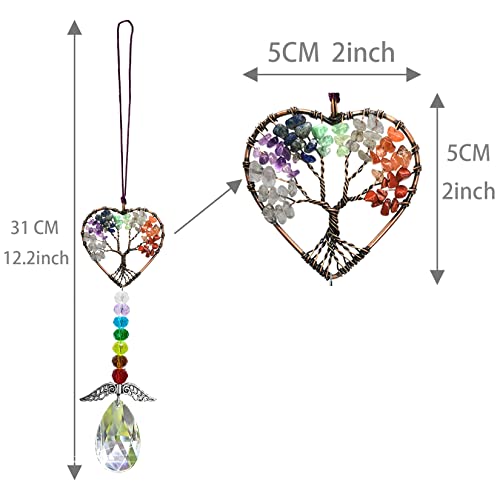 Healing Crystal Decor Tree of Life Car Hanging Accessories Suncatcher with Wings 7 Chakras Window Wall Hanging Decor Meditation Ornaments Home Decoration Heart