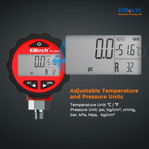 Elitech PG-30Pro digital high pressure gauge for HVAC refrigeration, 14.5-800 PSI, 1/8-inch NPT
