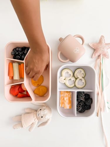 Kids Bento Box – Set of 2 Silicone Toddler Lunch Box with 4 Compartments, Snack Container for Kids, Baby Led Weaning Food Storage, BPA Free Lunchbox for Daycare, Preschool, School Lunch & Travel Pink/Beige
