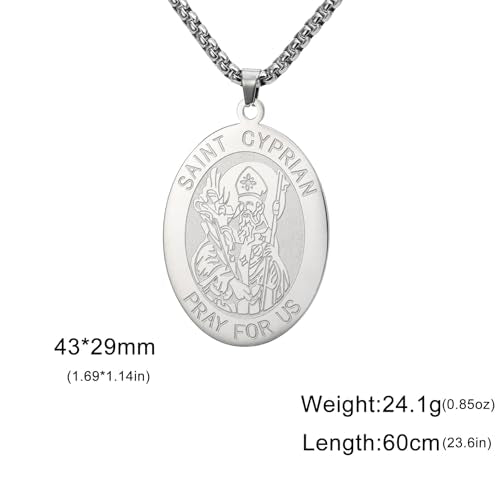 kkjoy Personalized Saint Cyprian PRAY FOR US Necklace Stainless Steel Oval Medal Pendant Protection Amulet Jewelry for Women Men Friends Couple Family Member Silver