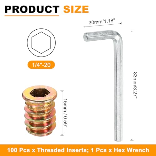 uxcell 100-piece gold threaded wood inserts, 1/4"-20 x 15mm studs for wood furniture and DIY projects