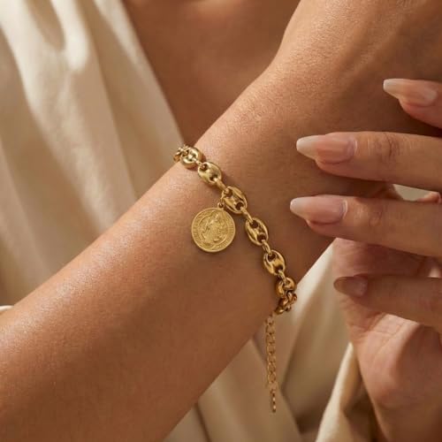 MAJALE Amulet Bracelet with St Benedict Medal in Gold Stainless Steel – Spiritual Protection – Water Resistant Chain Balls or Pumpkins – Religious Medal Calabrote_ S. Benito