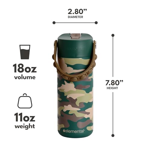 Elemental Core 2Pack Insulated Kids Water Bottle Straw Lid & Pop-It Handle 18 Ounces Dinos & Green Camo