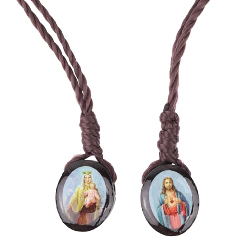 Needzo Wooden Scapular with Sacred Heart and Our Lady Grace Oval Panels, Religious Devotional Gifts, 19 Inches (Pack of 3)