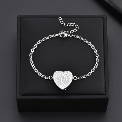 RIPFEVURN Heart Tree of Life Cremation Jewelry Urn Bracelet for Ashes for Women Memorial Ashes Keepsake Link Bracelet Silver