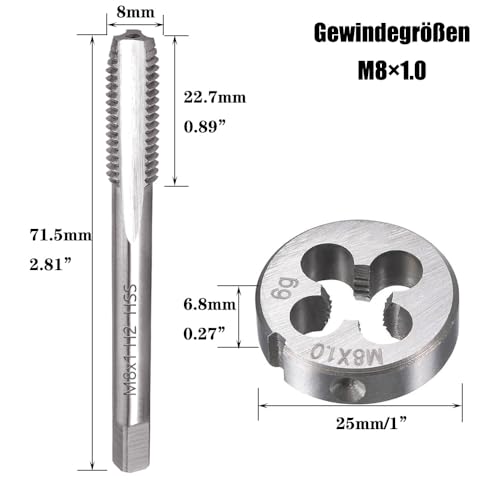 M8 x 1 Metric Tap and Die HSS | M8 x 1.0 mm tap and die, right thread fine thread cutter, straight ribbed thread cutter