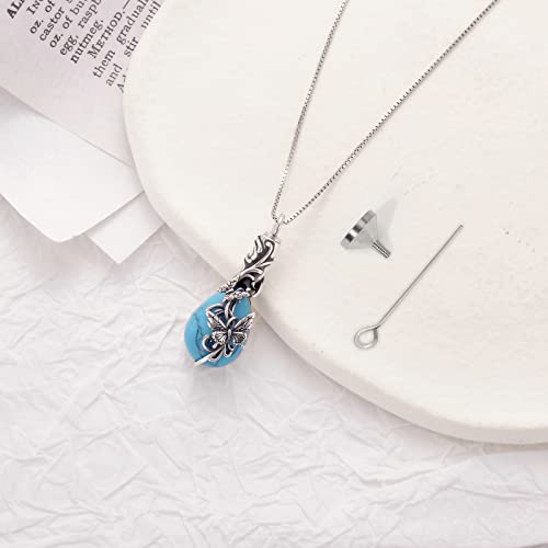 Butterfly Urn Necklace for Ashes for Women 925 Sterling Silver Oxidation Turquoise Teardrop Cremation Jewellry Memorial with Funnel Filler