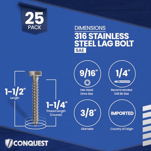 Conquest Fasteners 3/8 x 1-1/2 inch lag bolts, 25-pack with hex heads and coarse threads