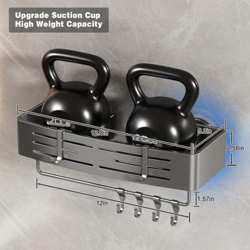 Voldra Shower Caddy Suction Cup, 2 Pack Shower Shelves for Inside Shower No Drilling, Aluminum Suction Showers Organizer with Towel Bar & Hooks Removable Bathroom Shelf Storage Rack(Gray) Suction Cup Rectangle-2 Pack