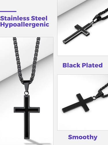 Richsteel Cross Necklace for Men Stainless Steel Christian Crucifix Cross Chain Silver/Black/Gold Plated, Religious Jewellery for Man Woman(With Gift Box) Stylish Cross-black