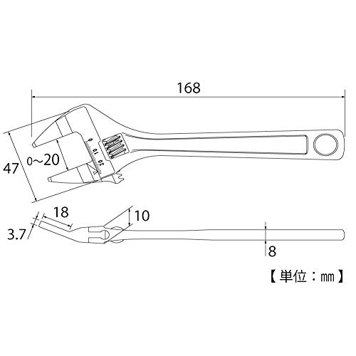 TOP HT-150B thin exact adjustable wrench, vent type, 20° angle, 0–20 mm mouth opening, made in Japan