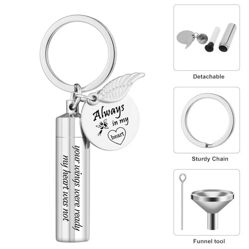 Fanshiontide Cremation Jewelry Urn Keychain for Ashes, Cylinder Memorial Angel Wing Keepsake Urn Key Chain Stainless Steel for Human Pet Ashes Silver