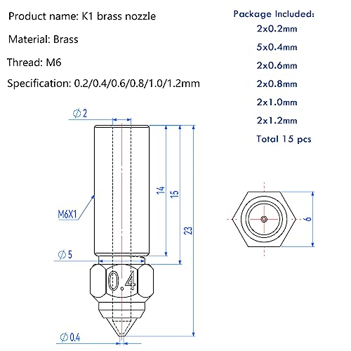 15 pieces K1 brass nozzle set, 3D printer high speed 5 pieces 0.4 mm nozzles and 2 pieces 0.2 mm, 0.6 mm, 0.8 mm, 1.0 mm, 1.2 mm nozzle set for K1, K1 max, Ender 3 V3 KE, CR-10 SE K1 Brass Multi Size