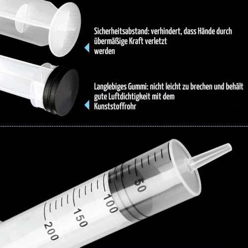 Large Syringe 200 ml with Hose and Stopper | Plastic Syringe Reusable Liquid Syringe for Laboratory, Industrial, Garden and Pet Feeding, White