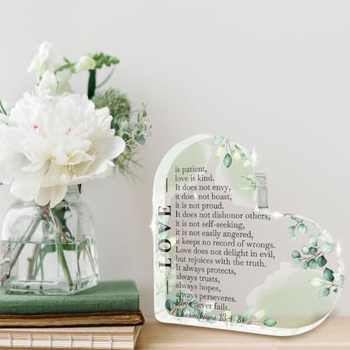 Christian Gifts for Women, Bible Verse 1 Corinthians 13:4-8 - Christian Shelf Decor, Acrylic Heart Decorative with Love, Plaque for Anniversary, Wedding Gifts, Inspiration Religious Gifts for Women Green-6 4.0x4.0 in