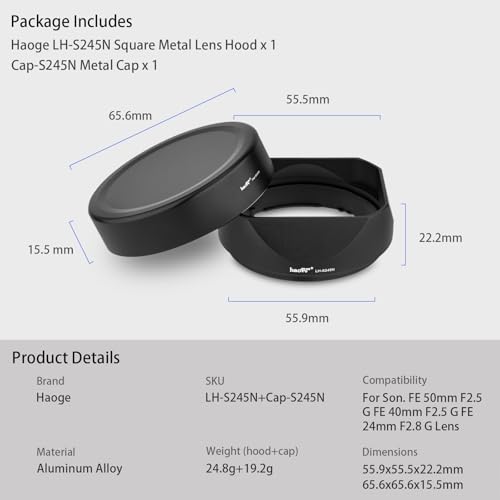 Haoge LH-S245N Bayonet Square Metal Lens Hood for Sony FE 50mm F2.5 G FE 40mm F2.5 G FE 24mm F2.8 G Lens,Sony RX1R III/M3/RX1R2 Camera Shade with Cap
