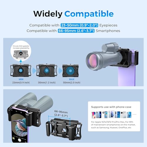 Telescope Phone Adapter, Upgraded Rotatable 360° Binocular Photo Adapter for Android & iPhone,Smartphone Holder Mount for Telescope,Monocular,Binocular,Spotting Scope,Microscope with Bluetooth Shutter