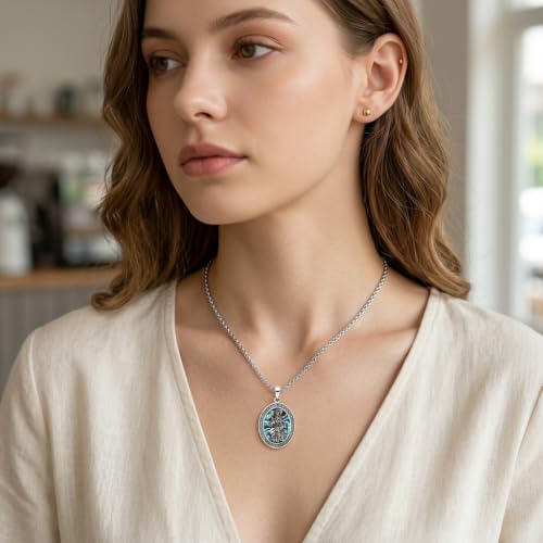 DAYLINLOVE Saint Peregrine Necklace 925 Sterling Silver Saint of Cancer Abalone Shell Pendant Necklace Christian Religious Catholic Jewellery Gift for Women Men