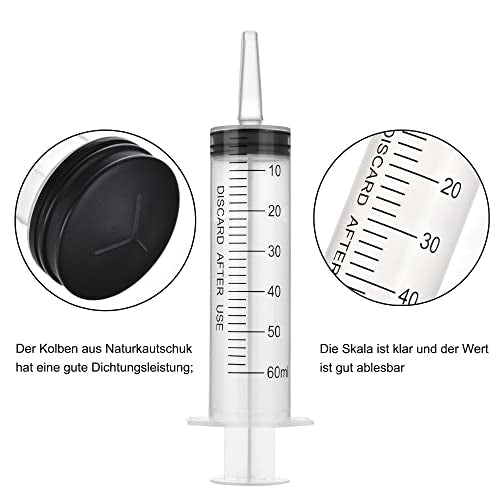 Syringes 60 ml Pack of 5 Dosing Syringes Plastic Syringe | With caps, individually packaged, reusable, precise dosage, for laboratory, animal feeding, plants and DIY Spritze 60ml×5