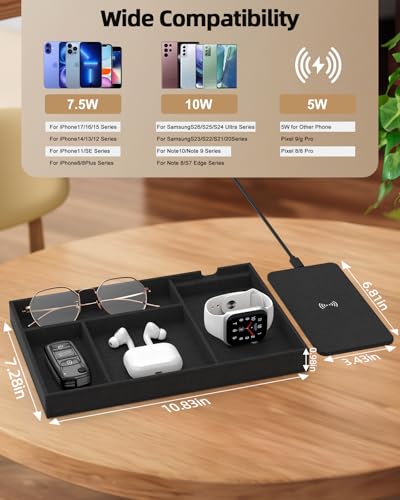 Valet Tray with Wireless Charger, Nightstand Organizer & Catchall Tray for Phone, Keys, Glasses and Accessories, Premium Linen, Stylish Desk & Bedside Storage Station, Black Black linen Single Charger