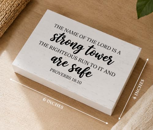 Christian Desk Decor, Proverbs 18:10 Bible Verse Rustic Farmhouse Wood Block Sign, Inspirational Gift for Women & Men, Perfect for Daily Encouragement -A64