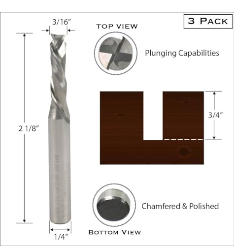 Foos 3-pack spiral compression up/down router bits with 1/4-inch shanks and 3/16-inch cutting diameter