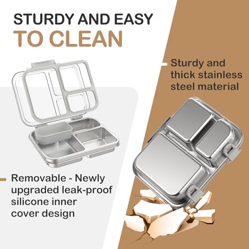 BABHAMNESS Stainless Steel Bento Lunch Box for Kids Adults, 3 Compartments Metal Bento Box with Transparent Lid & Silicone Container for Kids,Dishwasher-Safe,School & Travel,BPA-Free(Grey) Gray