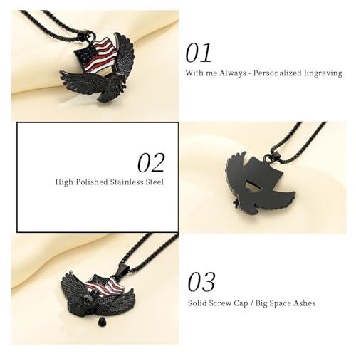 Oinsi Cremation Jewelry For Ashes For Men The Stars and the Stripes With Eagle Memorial Urn Necklace Keepsake Pendant Black