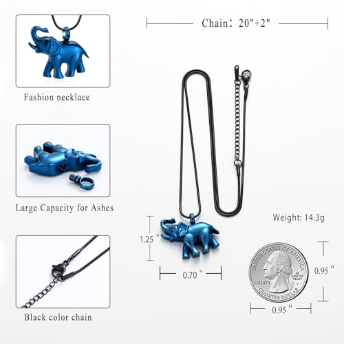Cremation Jewelry for Ashes Elephant Shape Stainless Steel Keepsake Memorial Pendant Locket Urn Necklace for Pet/Human Blue