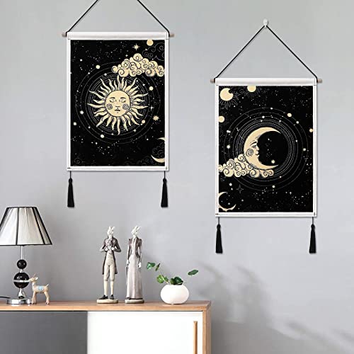 Betylifoy Moon and Sun Wall Tapestry with Tassels 2 Pack Banner Tapestry blackone