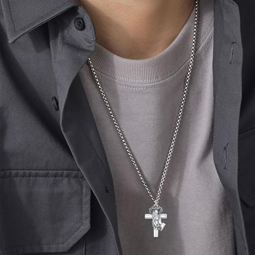 PROESS Praying Hands/Angel/Sword Wings Cross Necklace 925 Sterling Silver Cross Pendant Cremation Jewelry Religious Gifts for Men Christian 3-Cross urn necklace