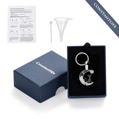 constantlife Cat Moon Urn Necklace for Women Pet Cremation Jewelry for Ashes Stainless Steel Pendant Funeral Keepsake Loved Ones Memorial Gift Black Keychain
