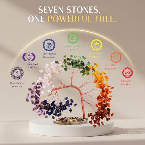 7 Chakra Crystal Tree of Life for Positive Energy, Home & Office Decor – Handmade Gemstone Money Tree with Slice Base, Feng Shui Good Luck Gift for Birthday, Anniversary, Christmas, Housewarming