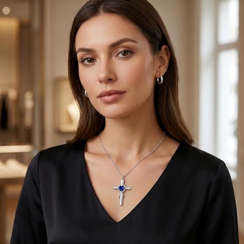 YYB Urn Necklace for Ashes Women Heart Birthstone Cross Cremation Jewelry 009-Sep-Sapphire