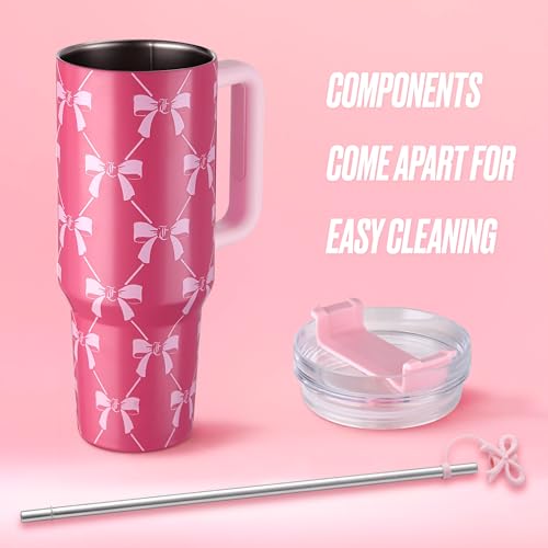 Juicy Couture Jetsetter 40oz Tumbler with Handle and Straw Topper, Pink Bows Pink Bow Trellis 40 Ounces
