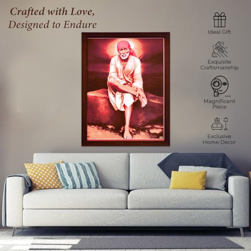Handicraft Store SANVIKA Sai Baba Poster Frame Wall Decor, Sai Baba Photo Art Frame For Living Room Decor, Hindu Decor For Home Office, Pooja Room- 12" x 9" (Sai Baba Sitting On Rock)